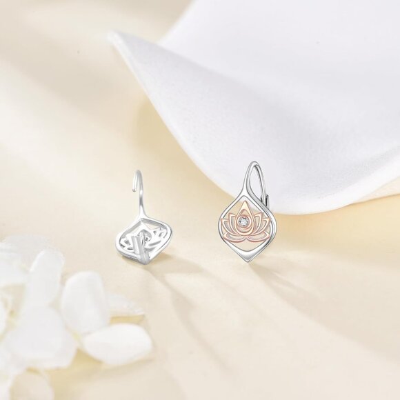 Women's Sterling Lotus Silver Gold Dangle Hoop Leverback Comfortable Earring - Picture 3 of 6